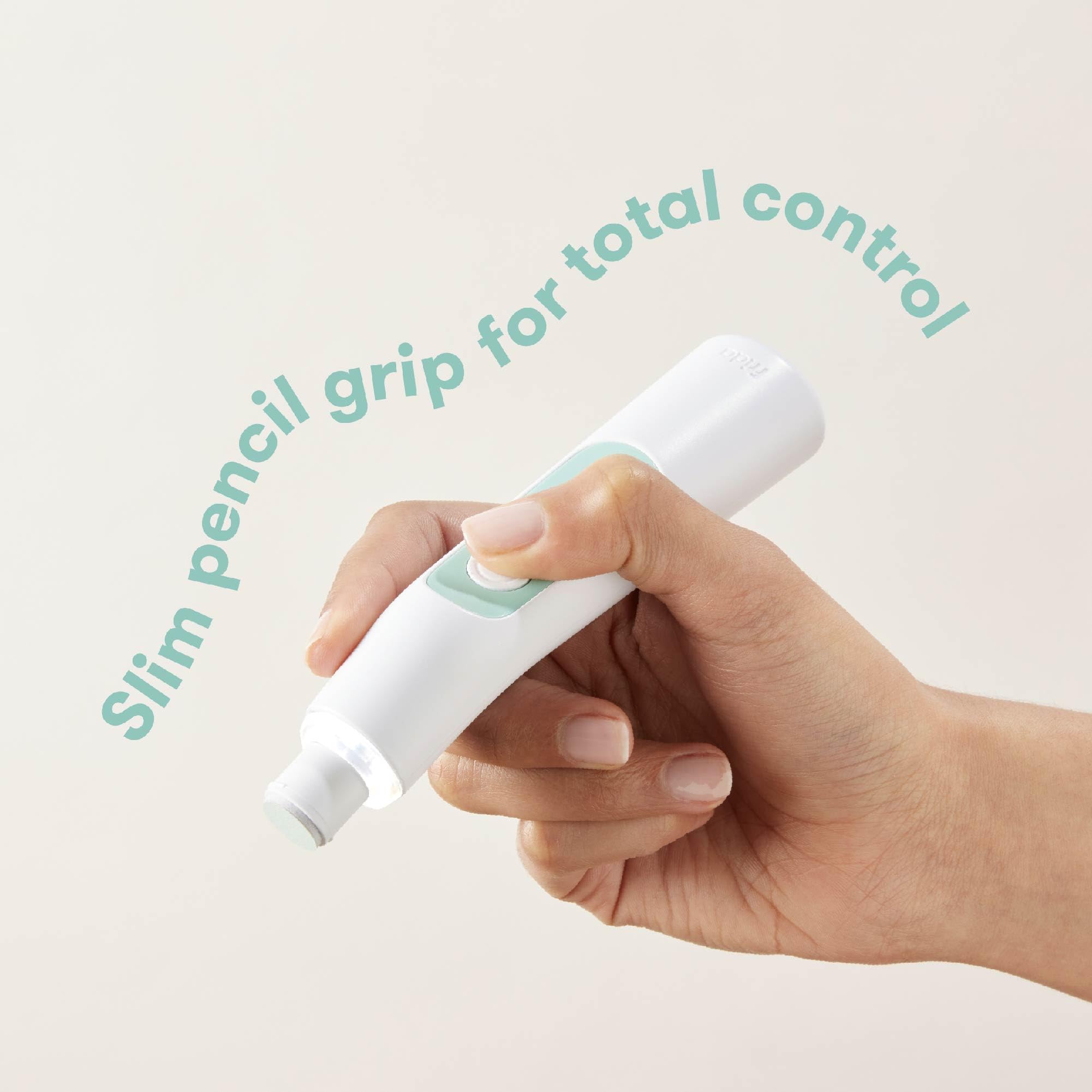 Frida buffer in adult hand demonstrating control and stability during use benefit