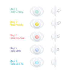Frida five color-coded pacifiers displayed to show progression and ease