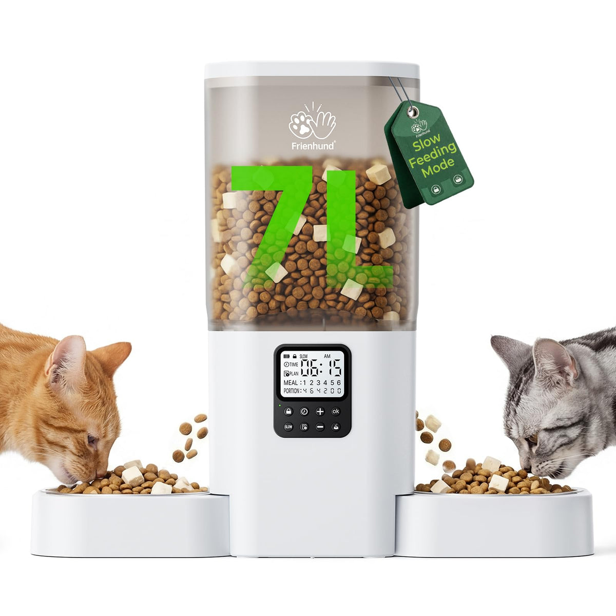 Frienhund front view showing dual-bowl feeder and large hopper for convenient feeding