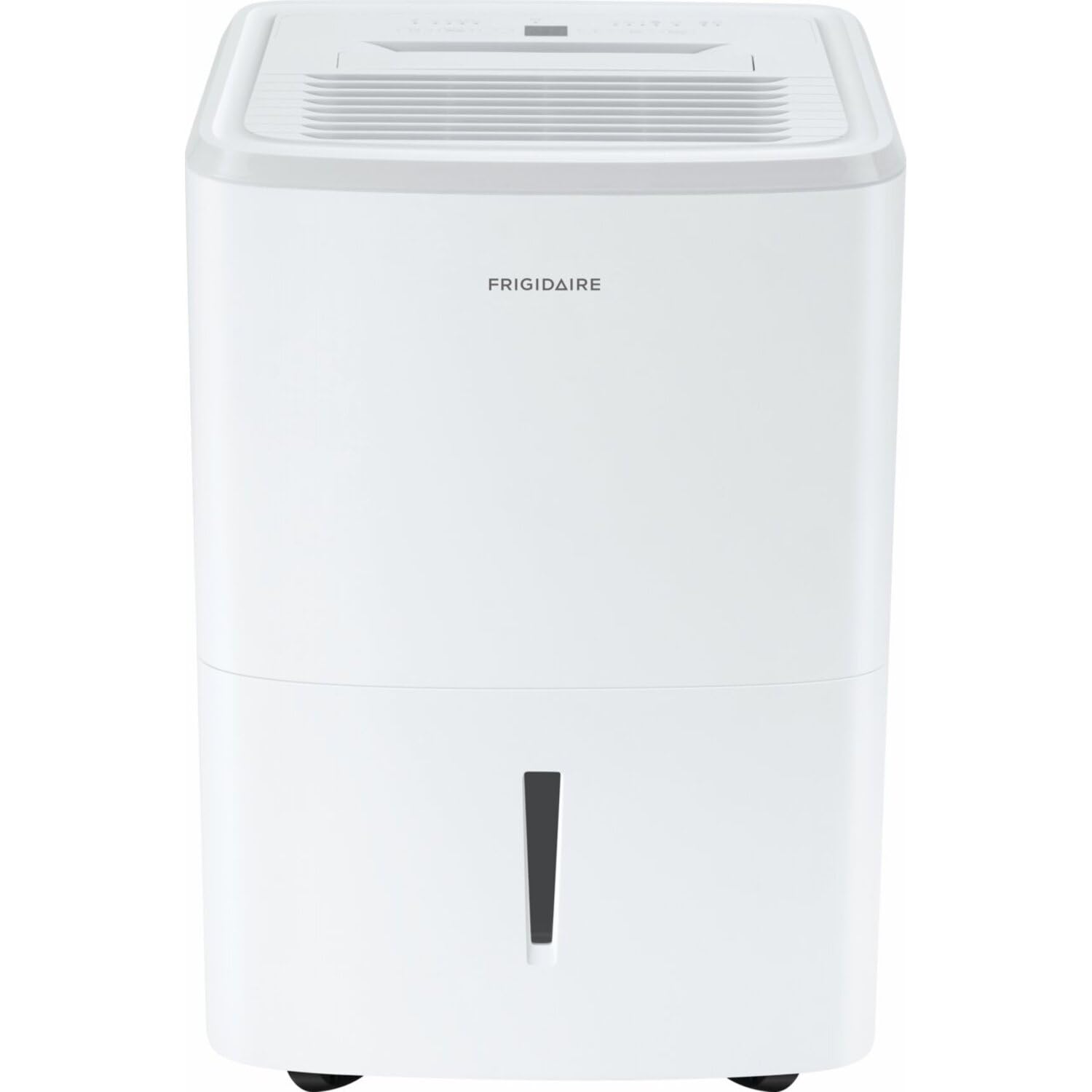 Frigidaire 50 Pint dehumidifier front view showing design and portability benefit