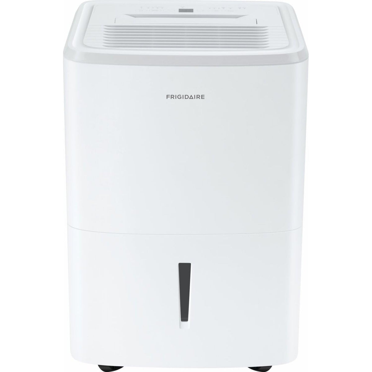 Frigidaire 50 Pint dehumidifier front view showing design and portability benefit