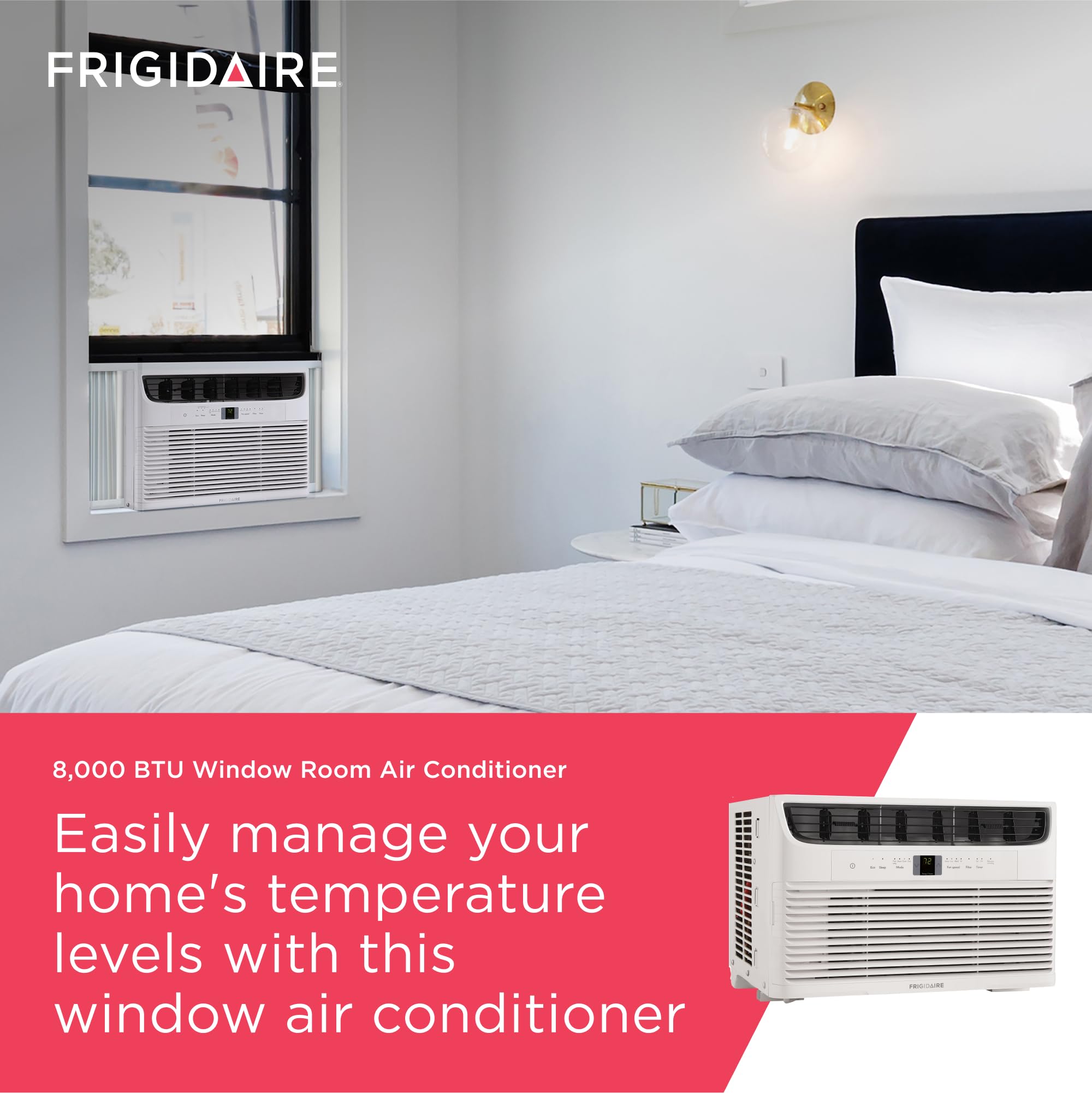 Frigidaire side profile installed in a window demonstrating secure fit and ventilation