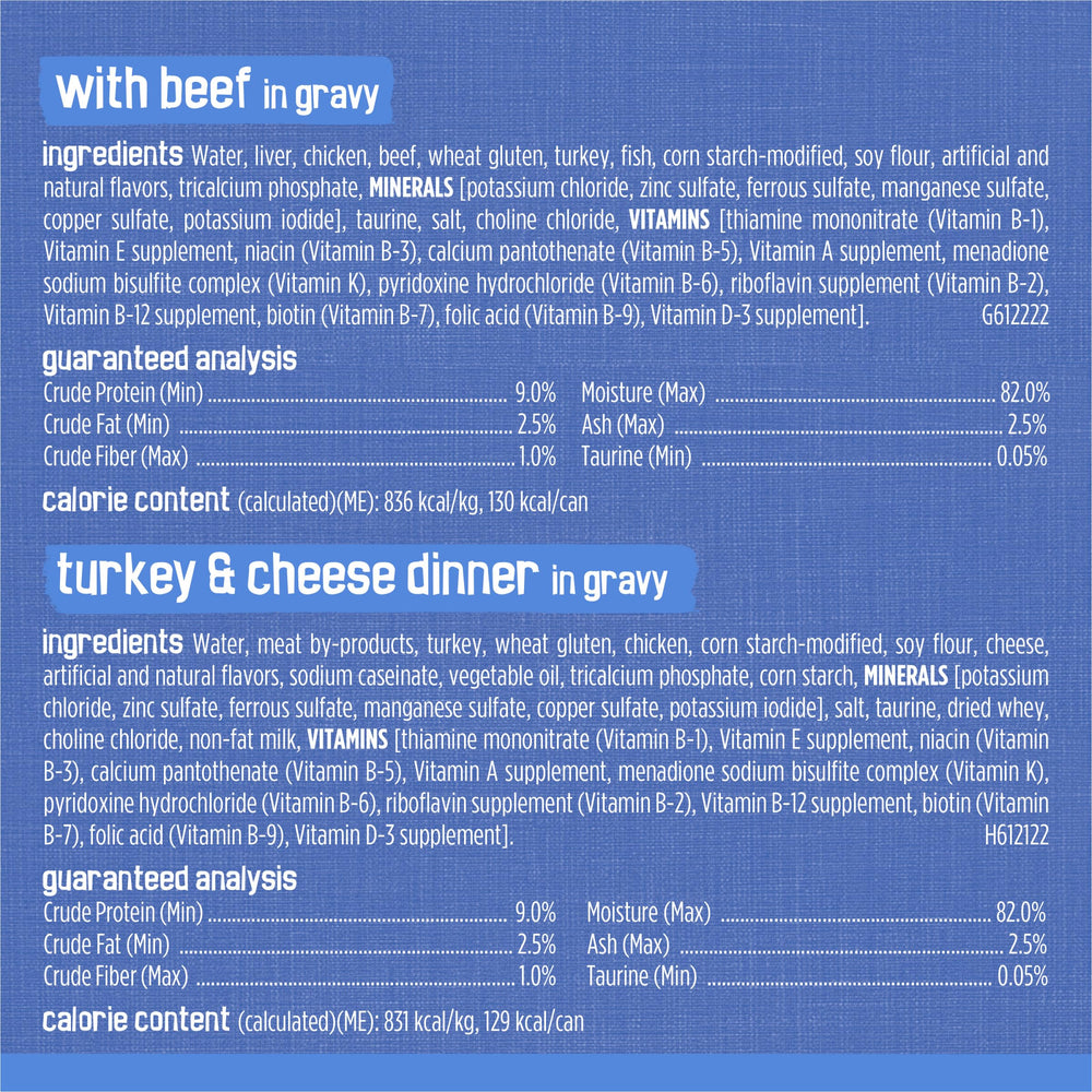Purina Friskies beef in gravy shredded pieces in dish demonstrates tender texture
