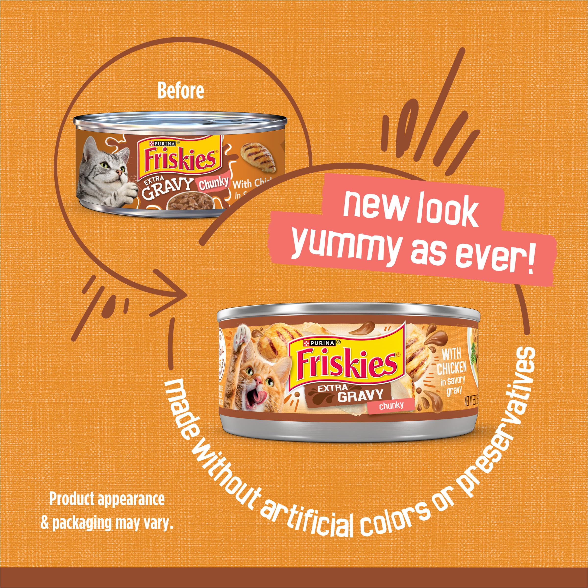 Friskies open top of can revealing chicken chunks and gravy, shows ready-to-serve appeal
