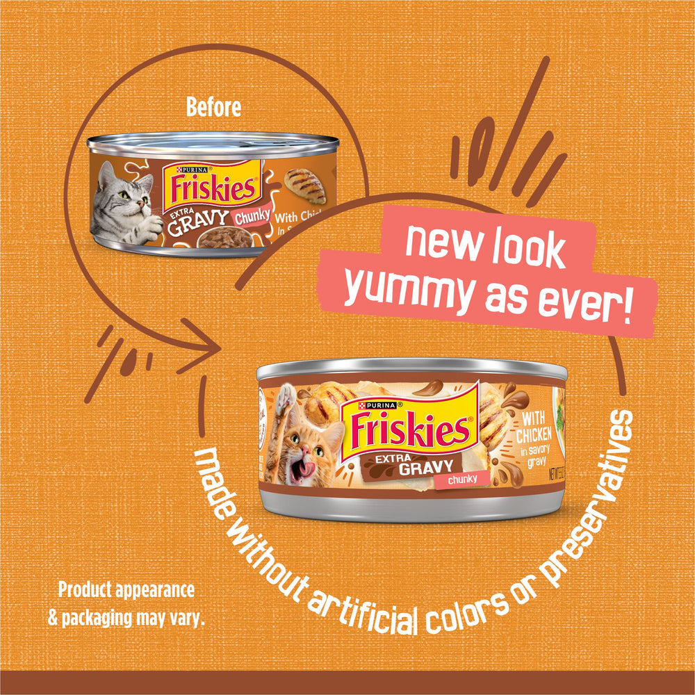 Friskies open top of can revealing chicken chunks and gravy, shows ready-to-serve appeal