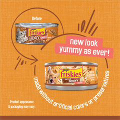 Friskies open top of can revealing chicken chunks and gravy, shows ready-to-serve appeal