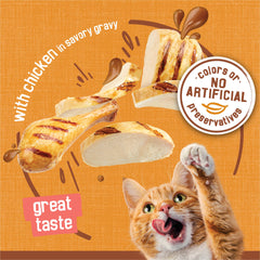 Friskies gravy pouring from can into bowl, demonstrates savory sauce and added moisture