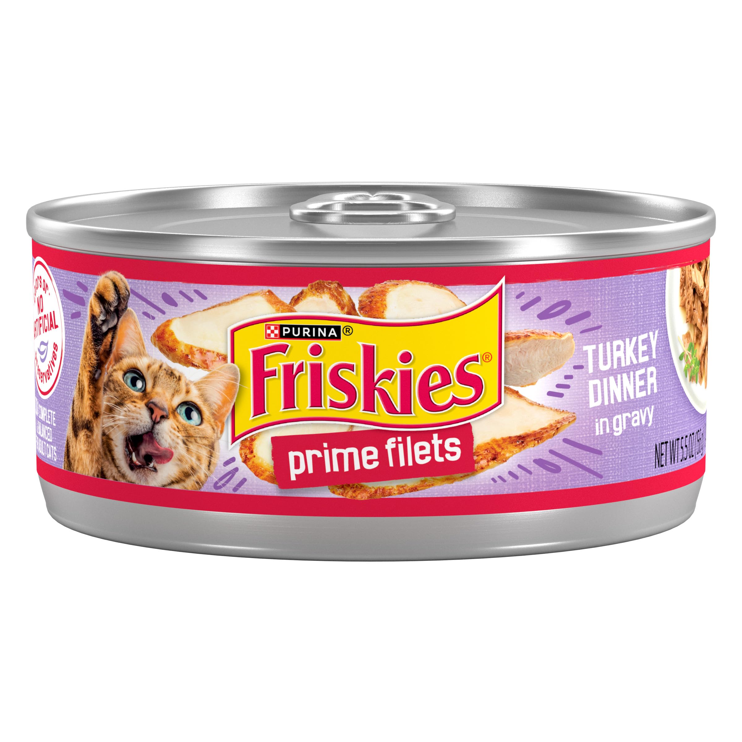Friskies front can showing turkey dinner label and appetizing benefit