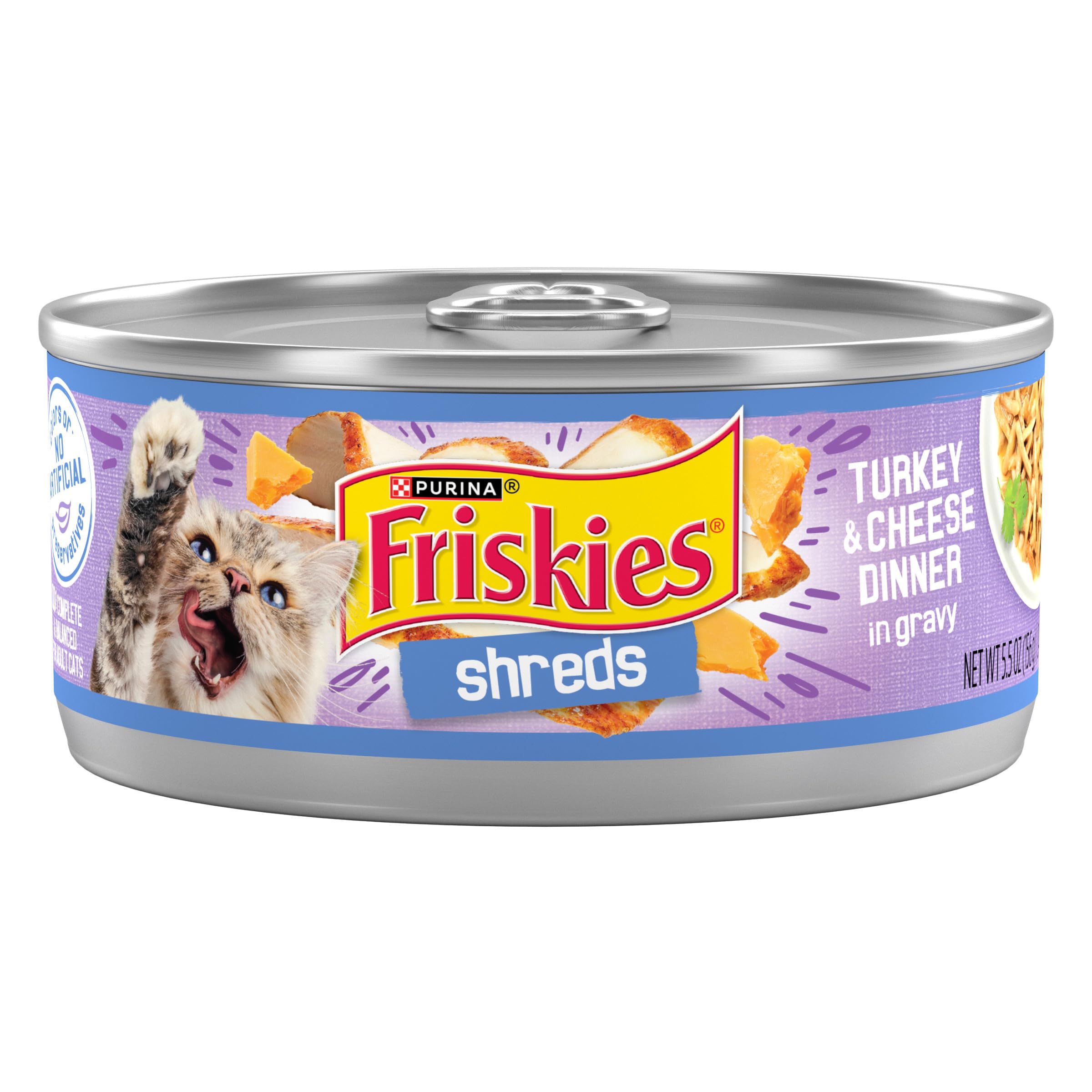 Friskies front can showing turkey and cheese flavor and clear packaging benefit