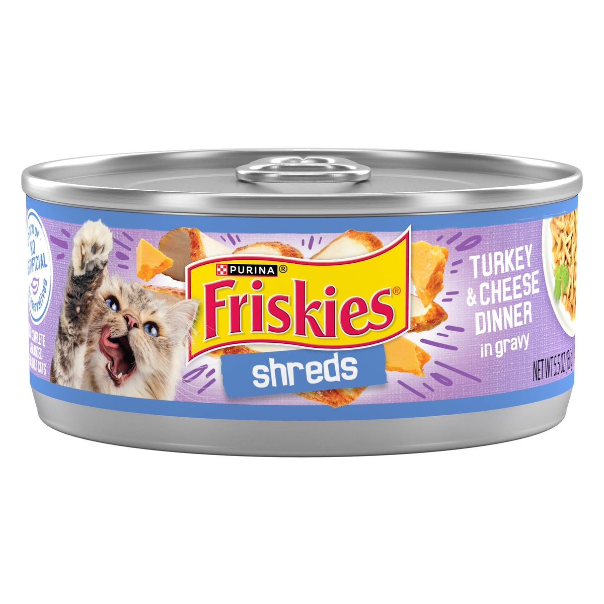 Friskies front can showing turkey and cheese flavor and clear packaging benefit