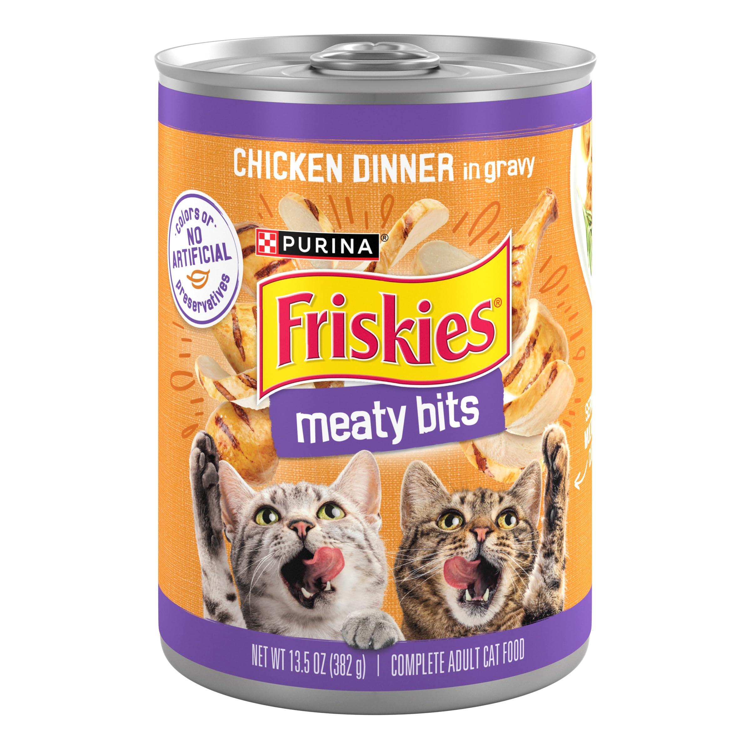 Friskies front can showing label and clear product identity for easy selection