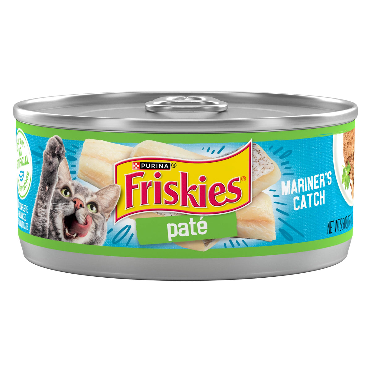 Friskies front can showing Mariners Catch label and clear branding benefit