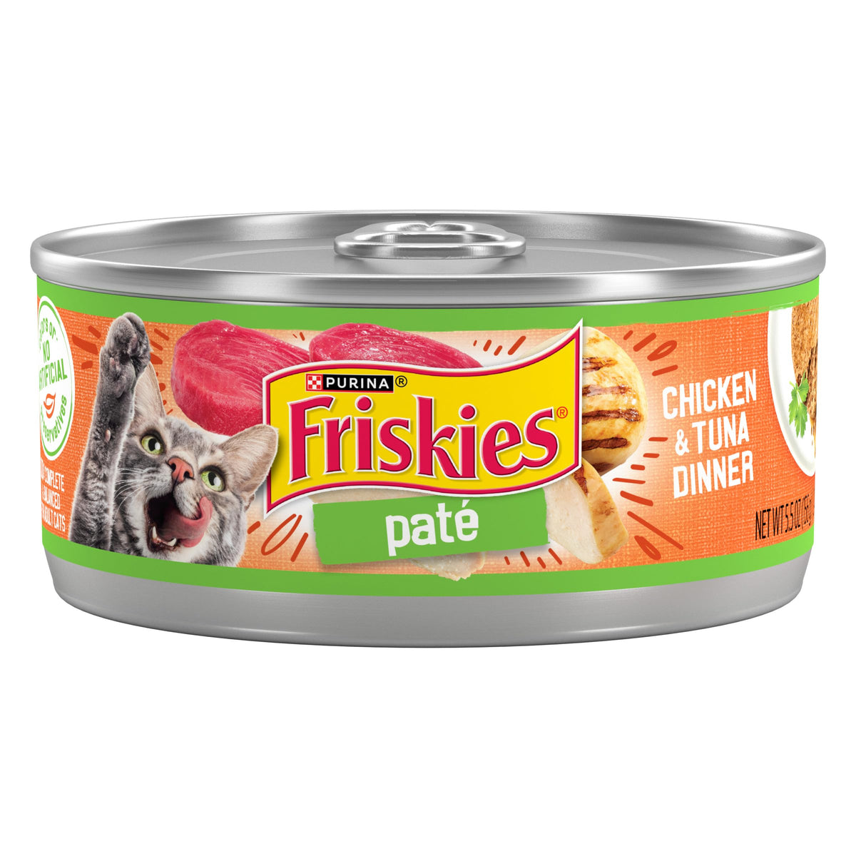 Friskies front packaging showing chicken and tuna pate promoting flavor appeal