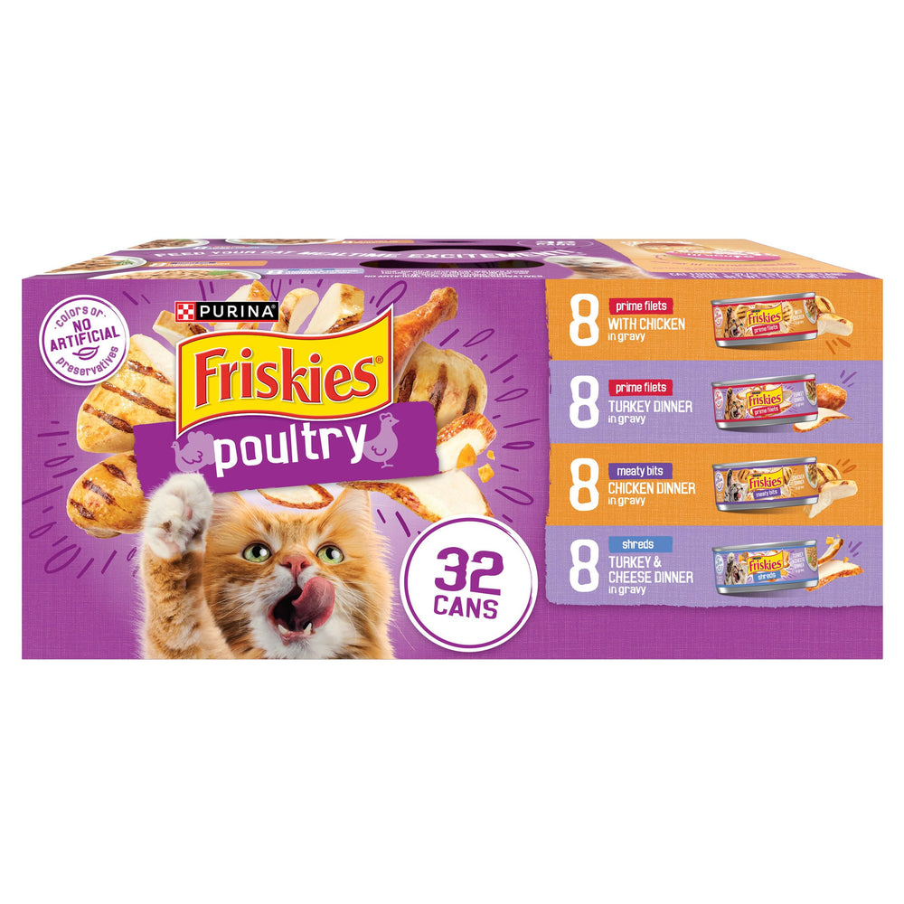 Friskies front packaging showing poultry variety pack and convenient bulk supply