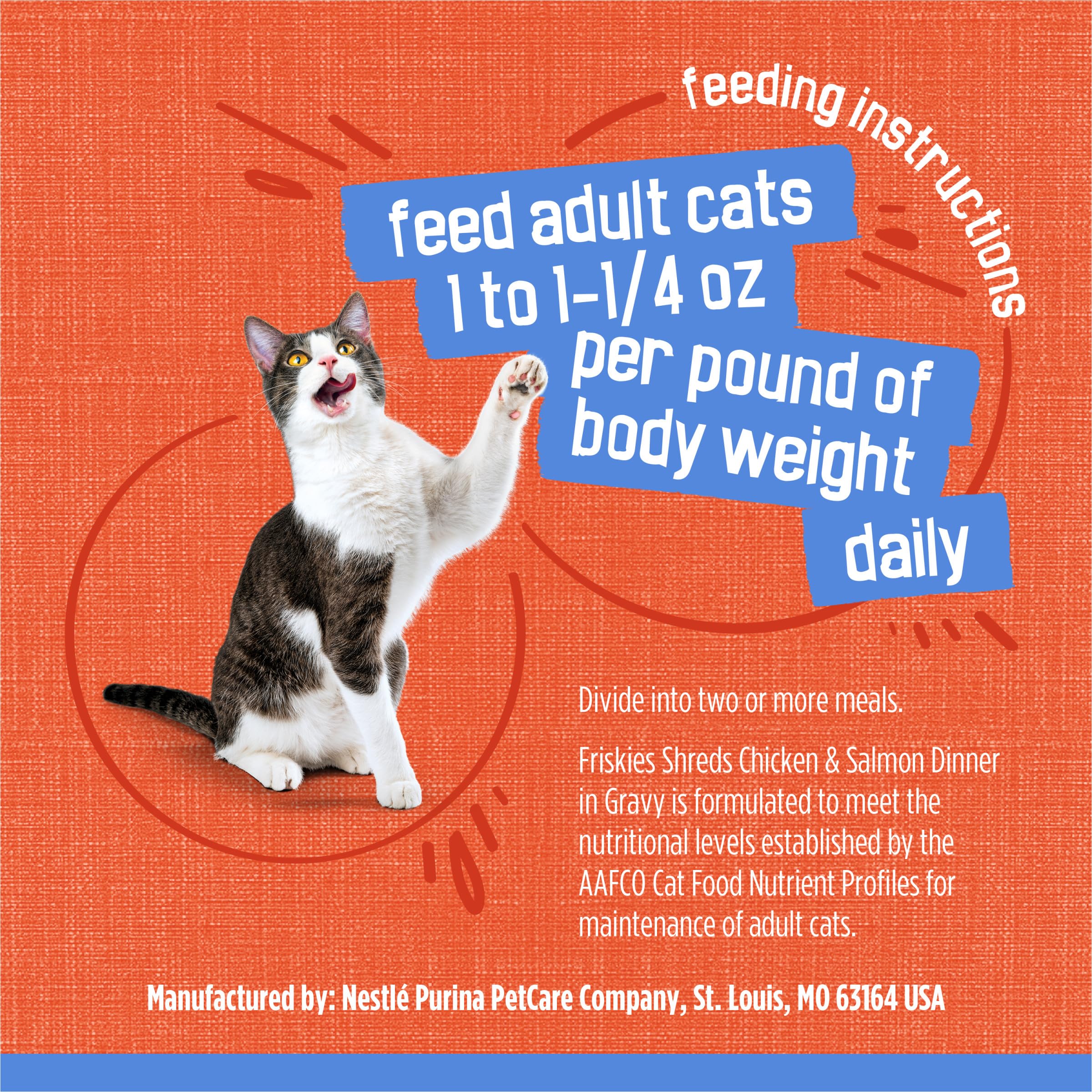 Raw chicken and salmon imagery next to Friskies can highlighting real ingredients