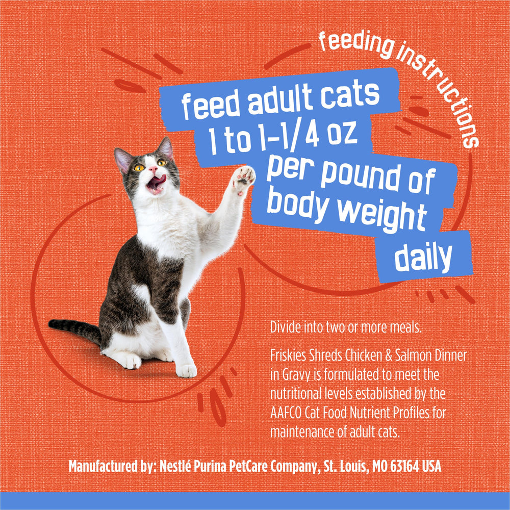 Raw chicken and salmon imagery next to Friskies can highlighting real ingredients