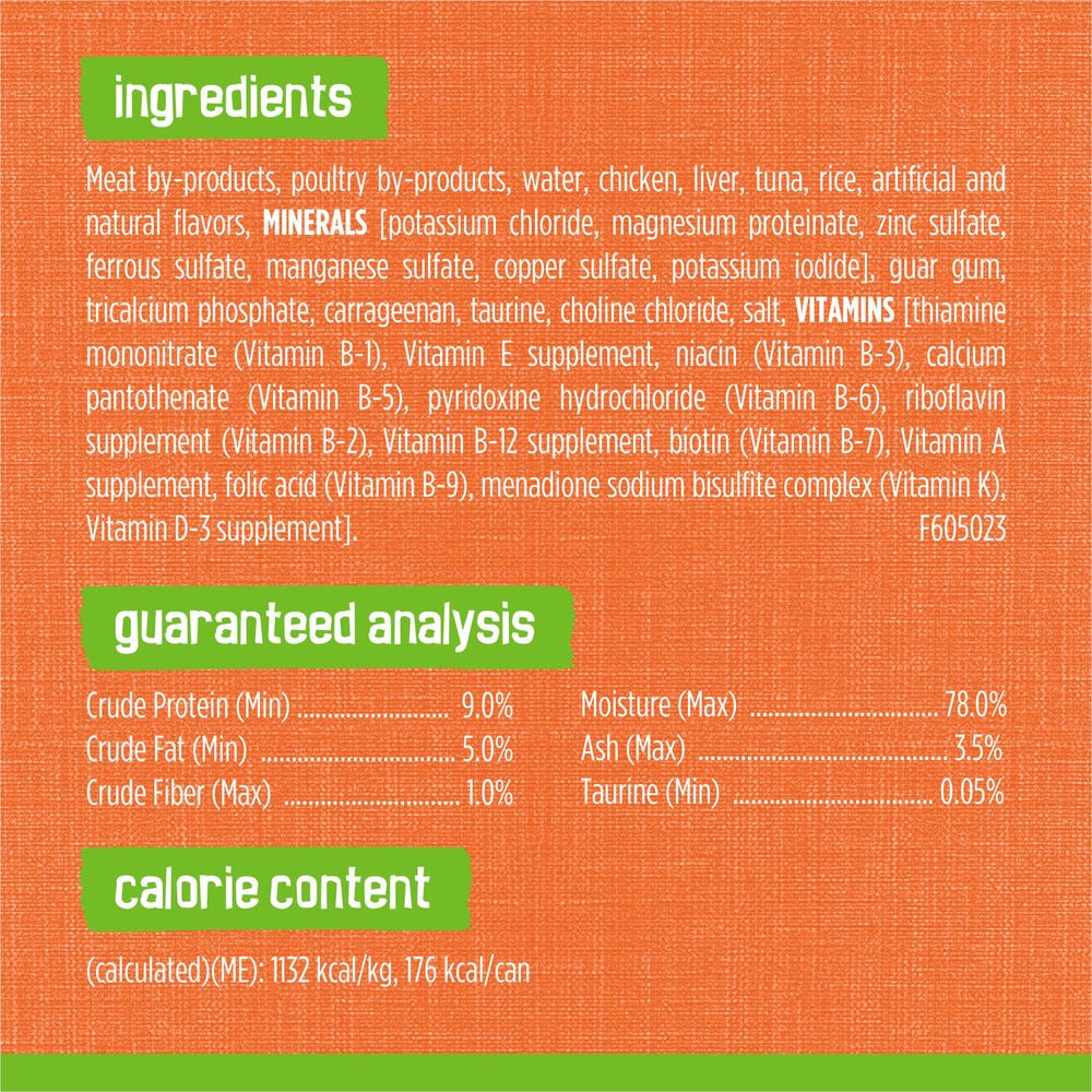Friskies raw chicken and tuna ingredients display highlighting real protein