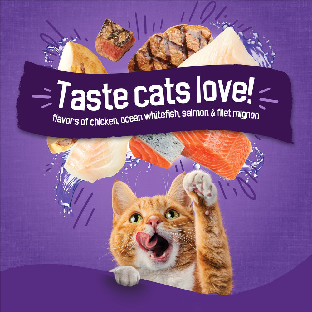 Friskies kibble shapes array highlighting playful shapes to entice cats