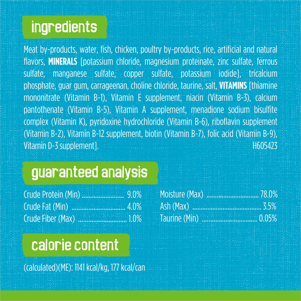 Friskies label close-up highlighting ingredients and complete balanced nutrition