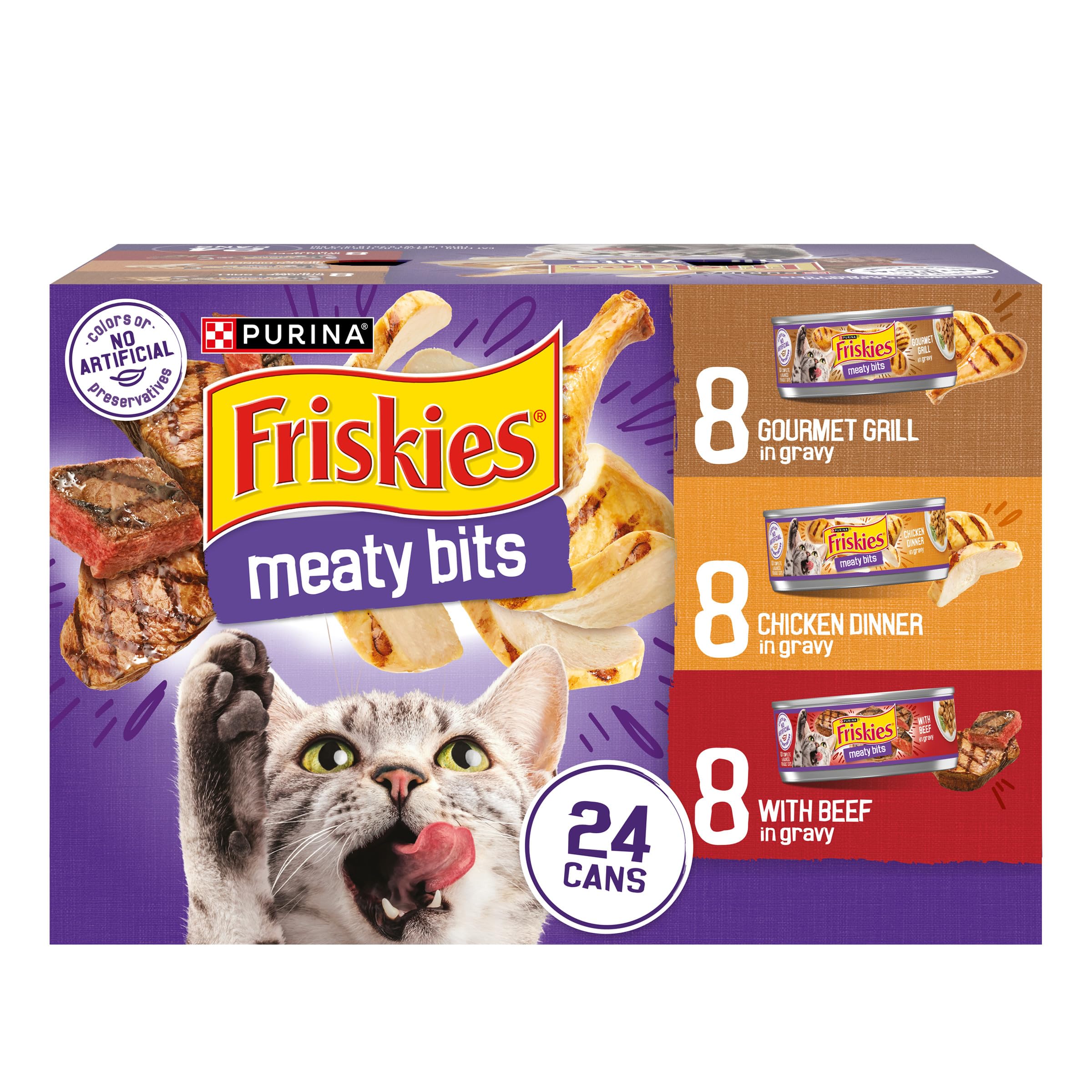 Friskies front packaging showing variety pack, clear product choice and convenience