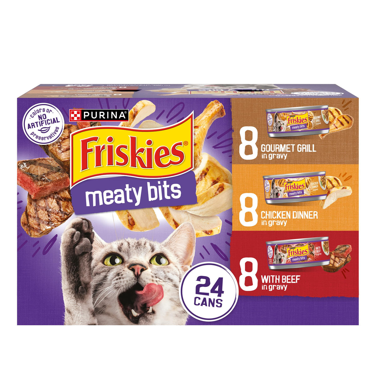 Friskies front packaging showing variety pack, clear product choice and convenience