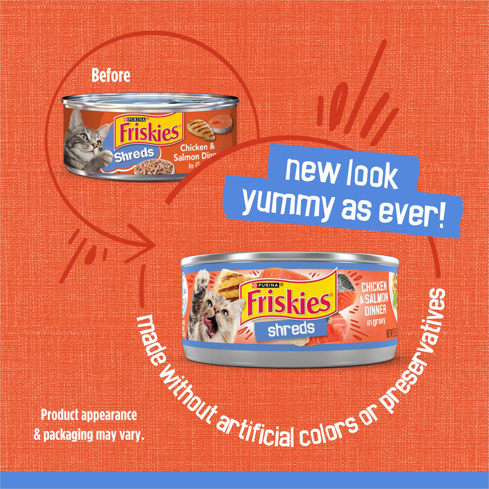 Purina Friskies open can with shreds in gravy, showing moist texture benefit