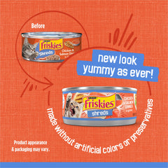 Purina Friskies open can with shreds in gravy, showing moist texture benefit