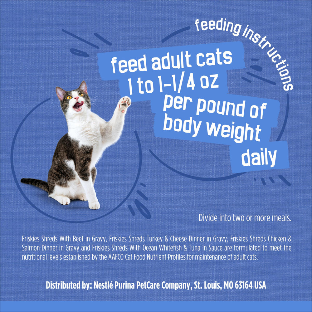 Purina Friskies stacked cans beside a ruler for size and quantity comparison