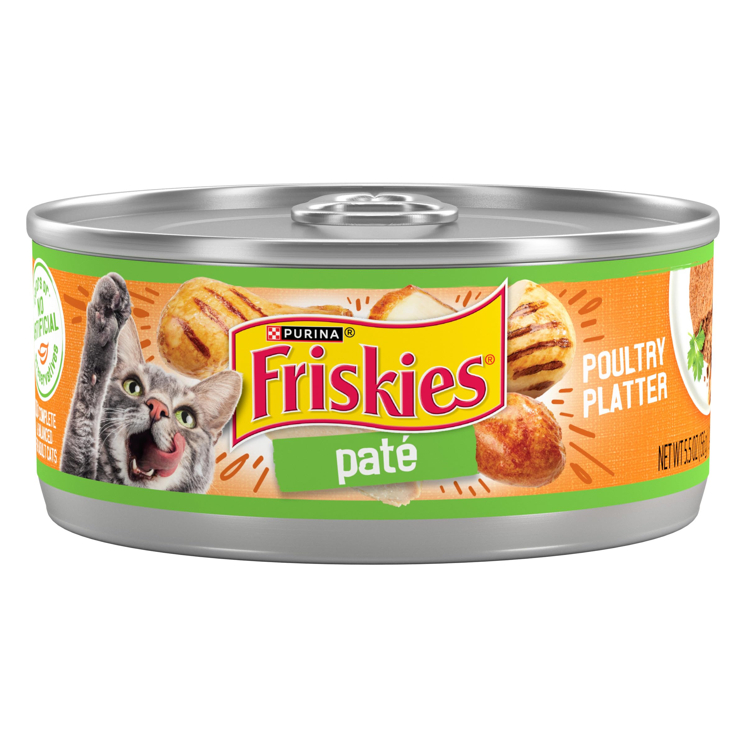 Friskies front packaging showing poultry platter variety and quantity benefits