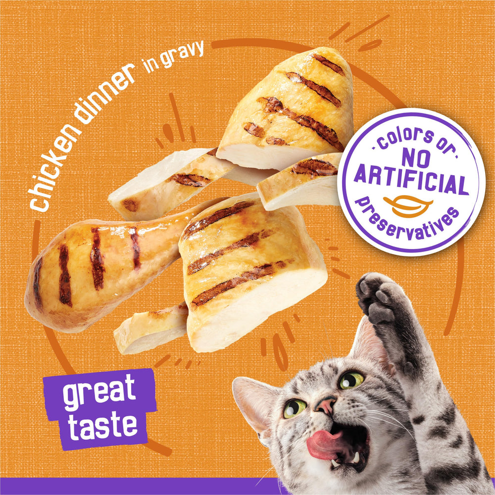Friskies pouring gravy into a bowl to demonstrate adding moisture and flavor