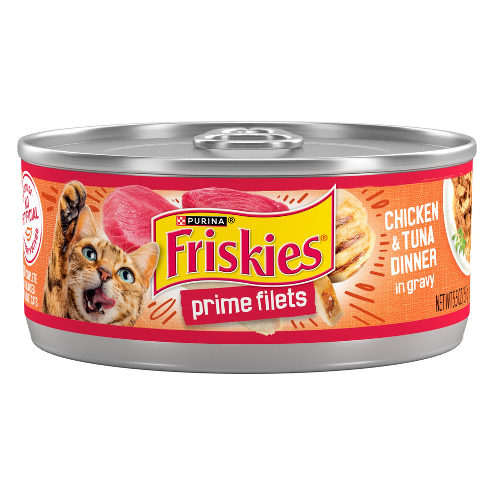 Friskies front can showing Prime Filets chicken and tuna, highlights appetizing look