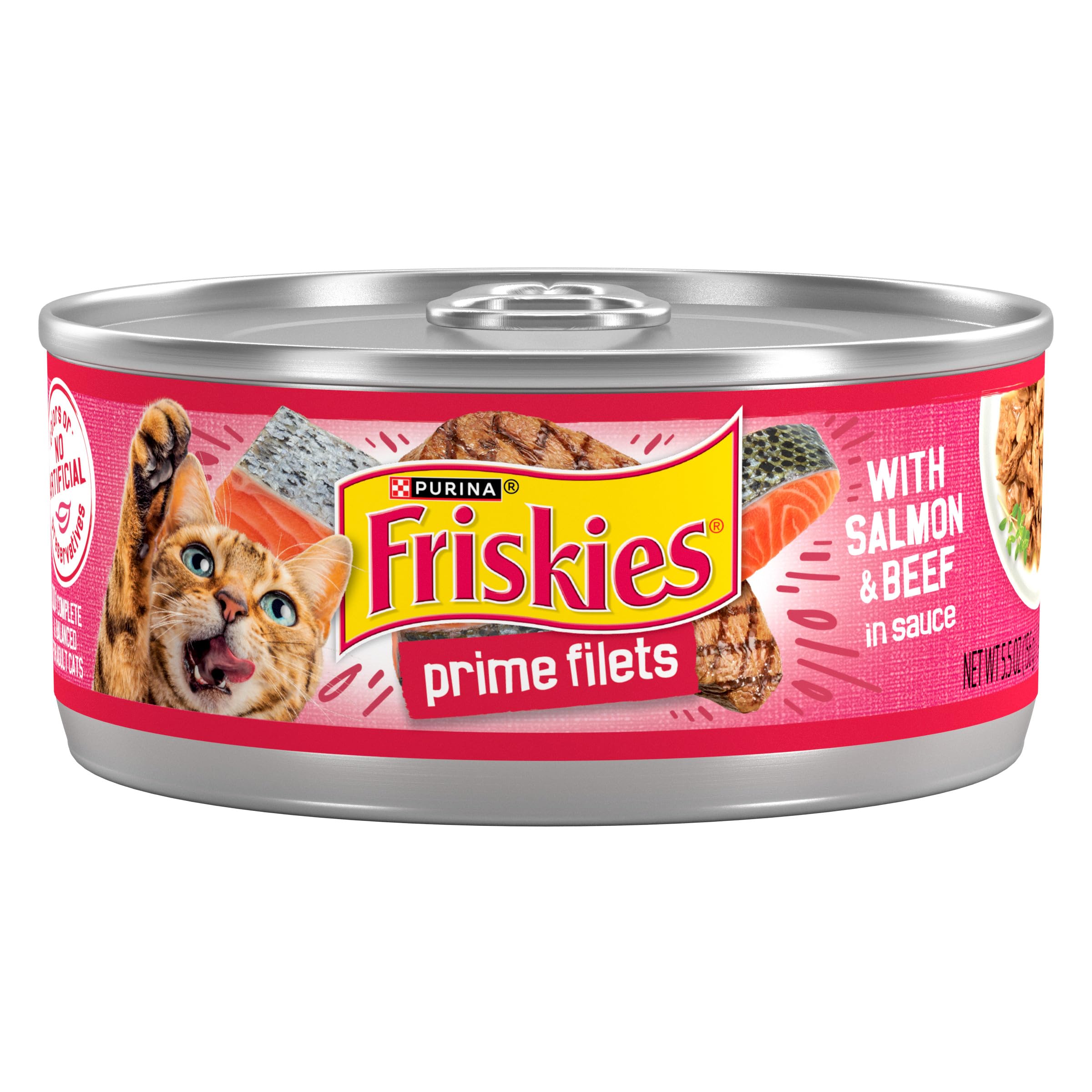 Friskies front can showing Prime Filets Salmon and Beef flavor and benefit of savory aroma