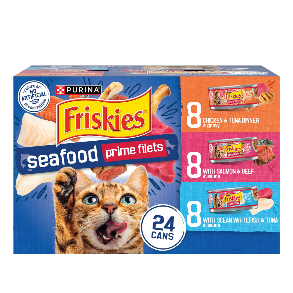 Friskies Prime Filets front can showing product image and benefit of variety
