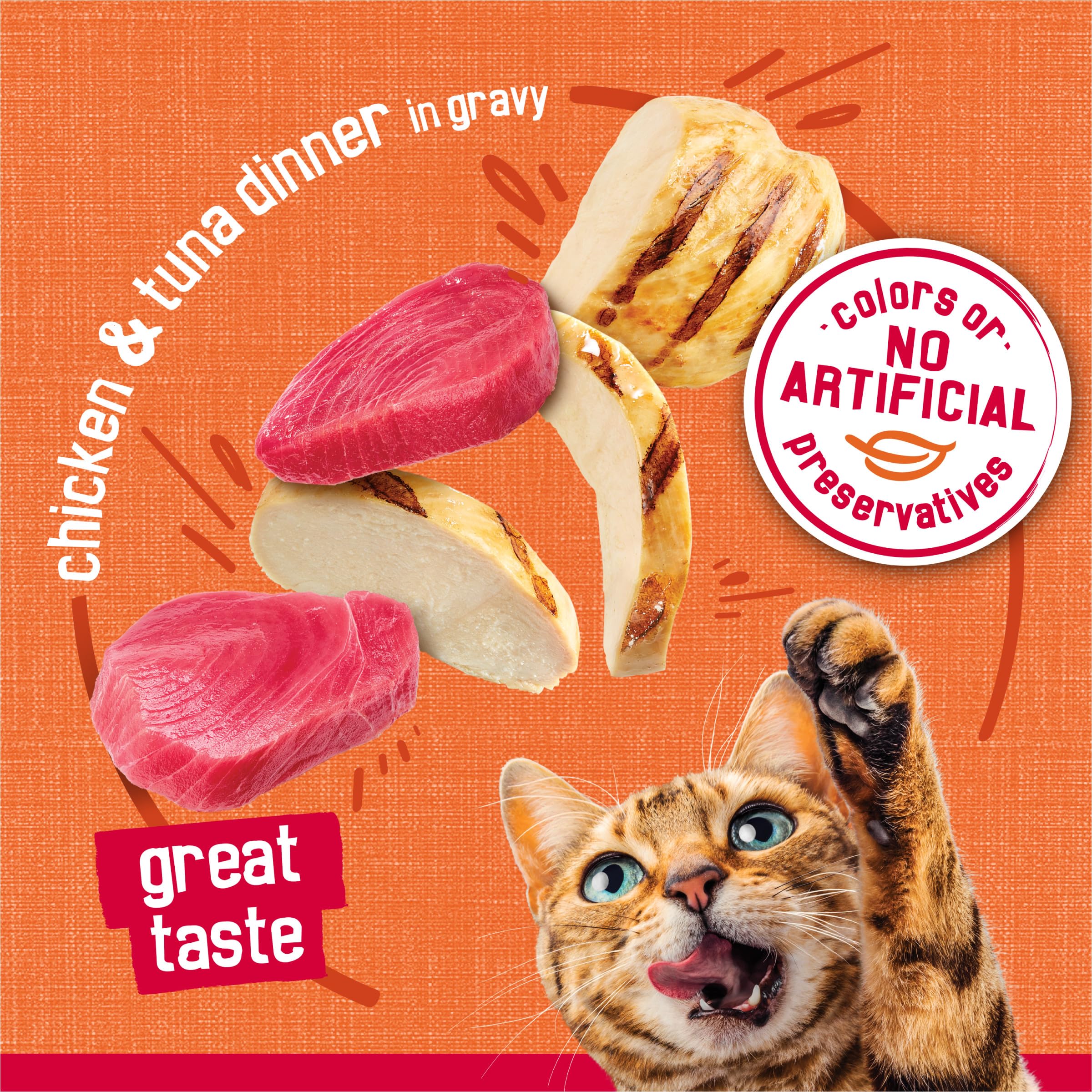 Close-up real chicken pieces, Friskies ingredient focus for protein-forward taste