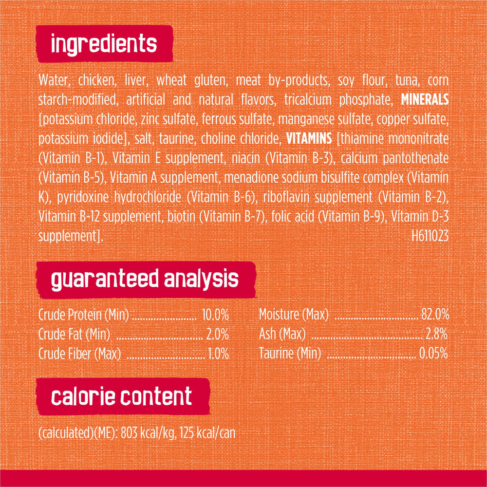 Friskies nutrition label close-up, shows complete and balanced adult feeding info