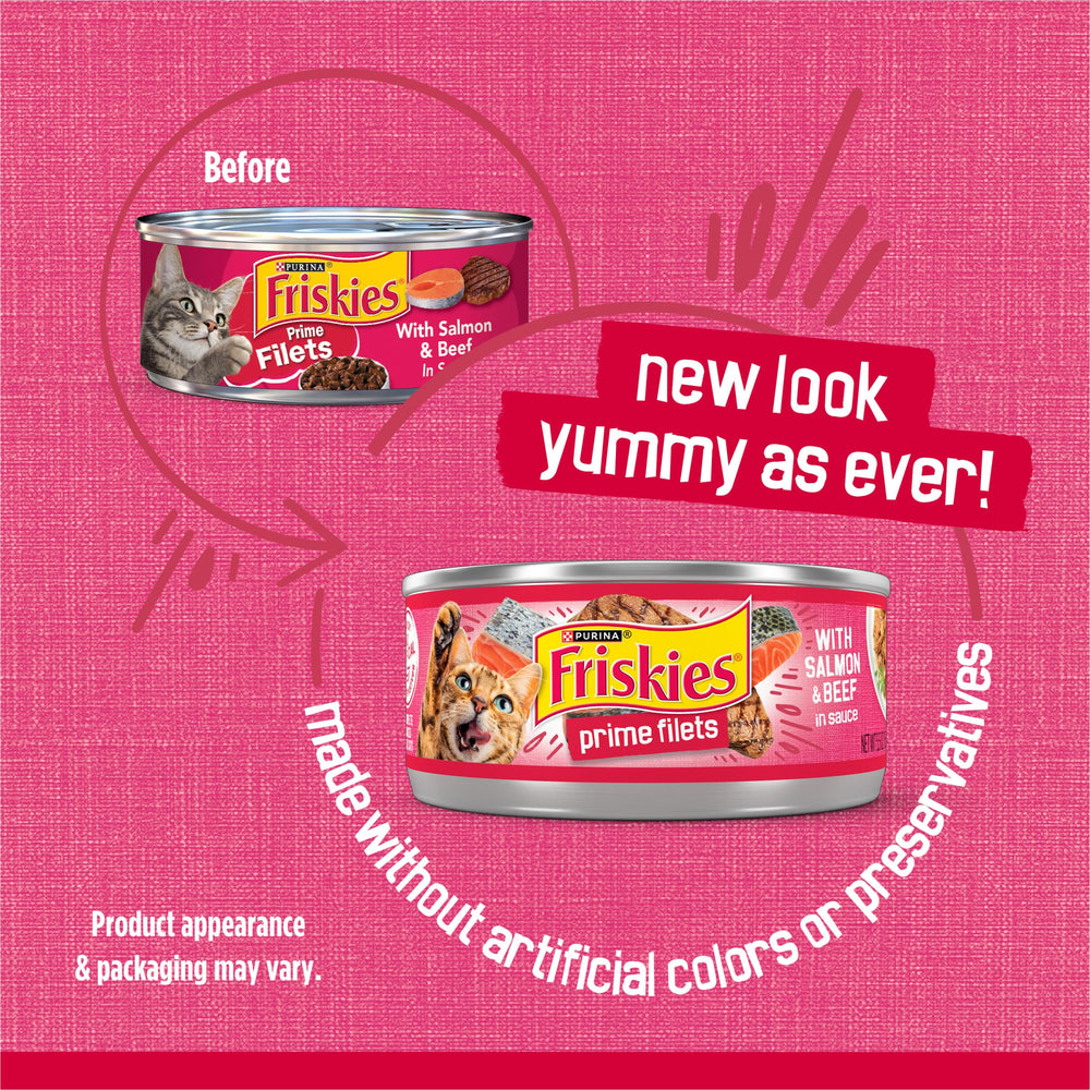 Friskies open can revealing shredded salmon and beef in sauce, highlighting moist texture