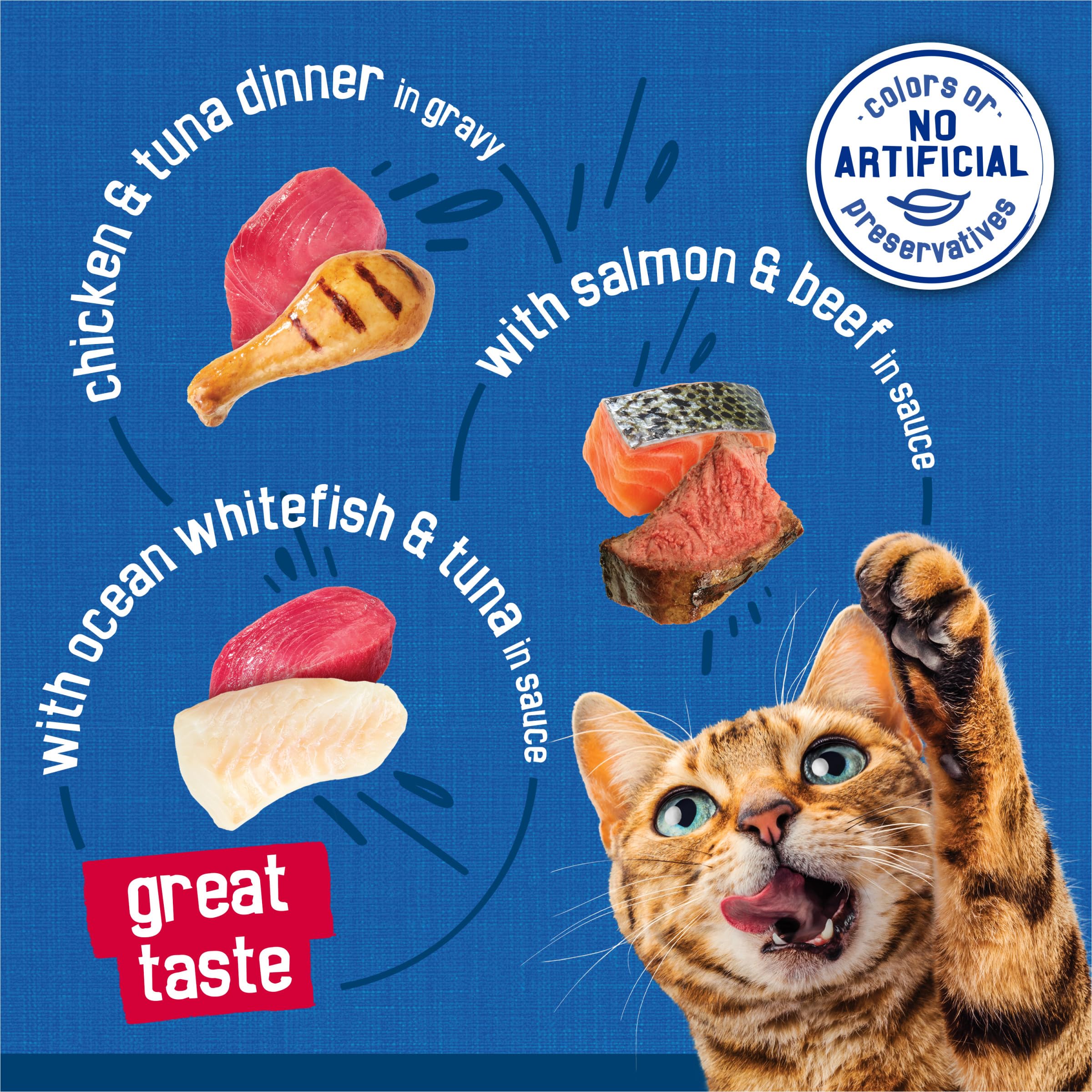 Friskies opened can revealing tender filets in sauce for immediate serving benefit