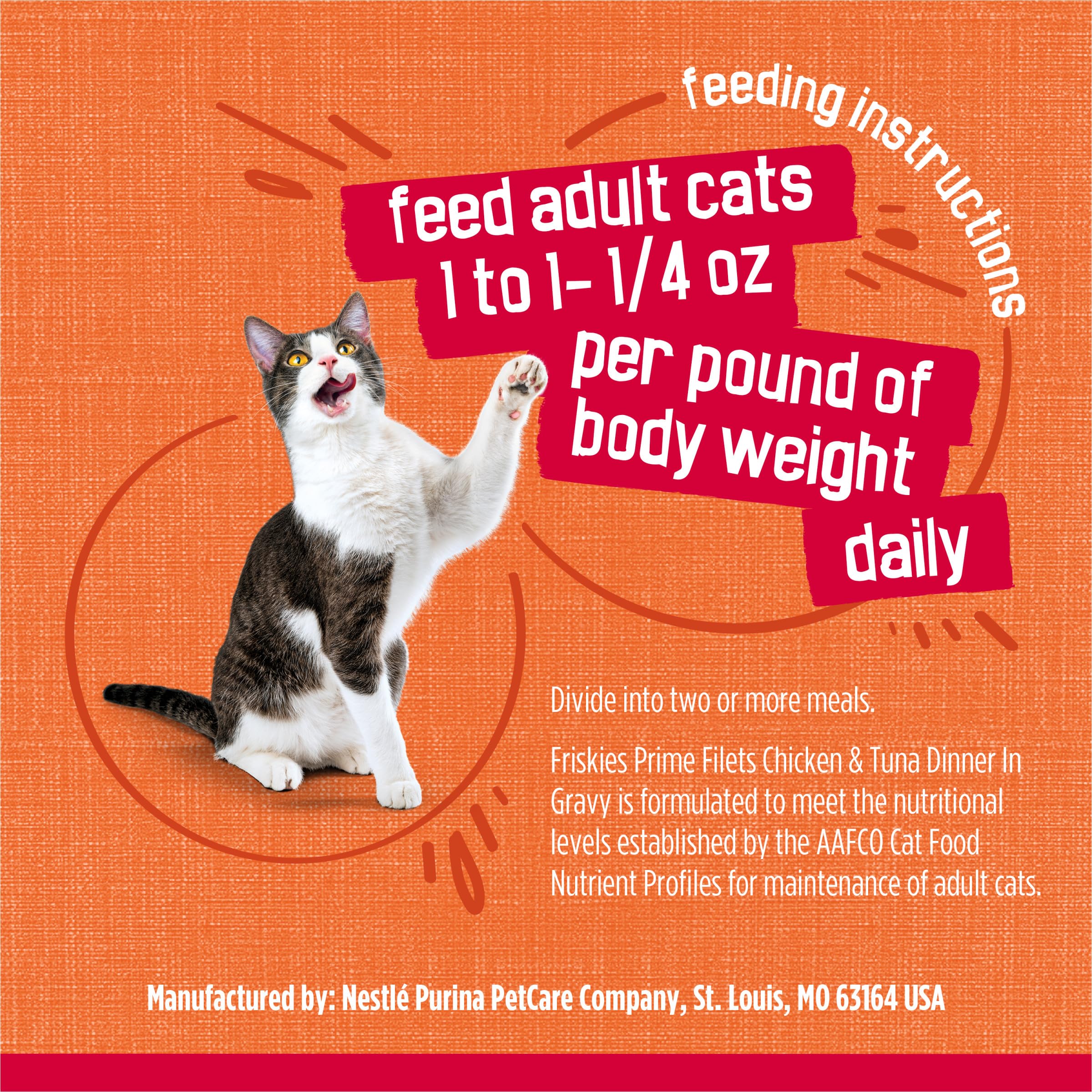 Friskies recyclable can label, highlights sustainable packaging and storage benefit