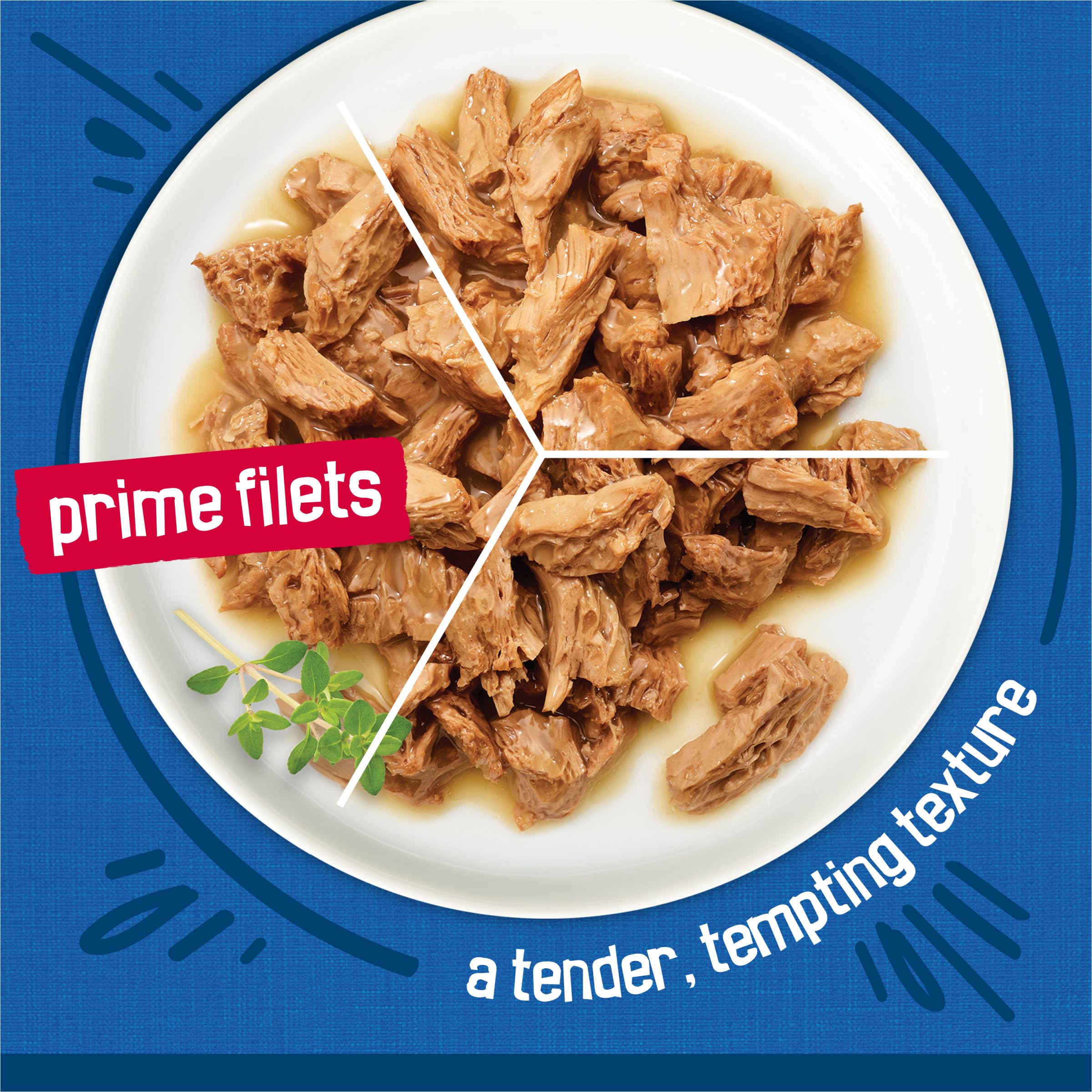 Friskies display of seafood ingredients highlighting real fish flavors benefit