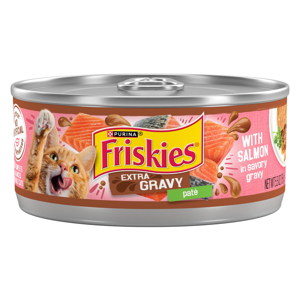 Friskies front packaging showing salmon cans and brand appeal