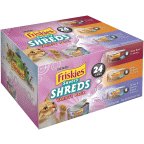 Three Friskies Shreds cans lined up showing recipe variety