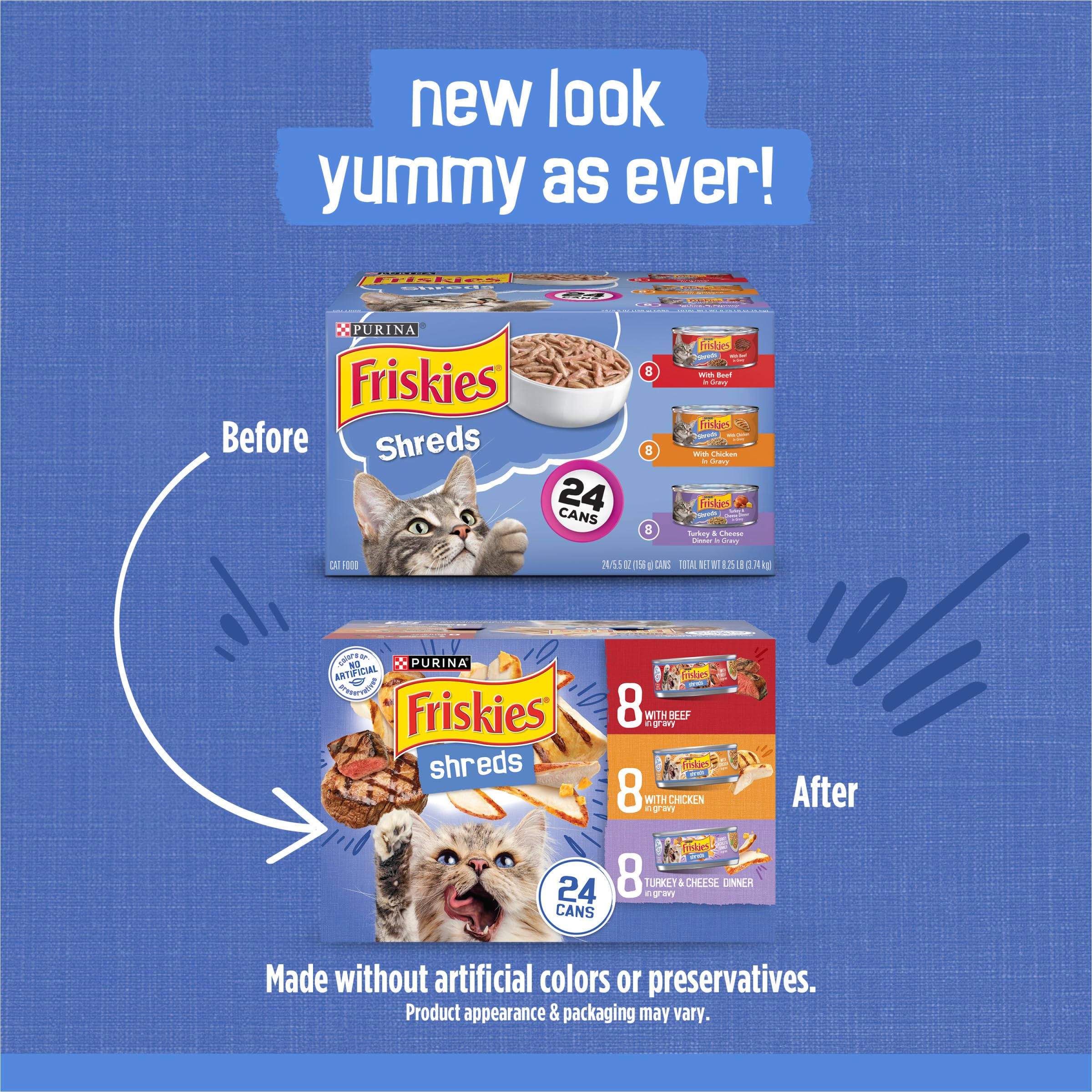 Friskies Shreds open can with gravy highlighting moisture appeal