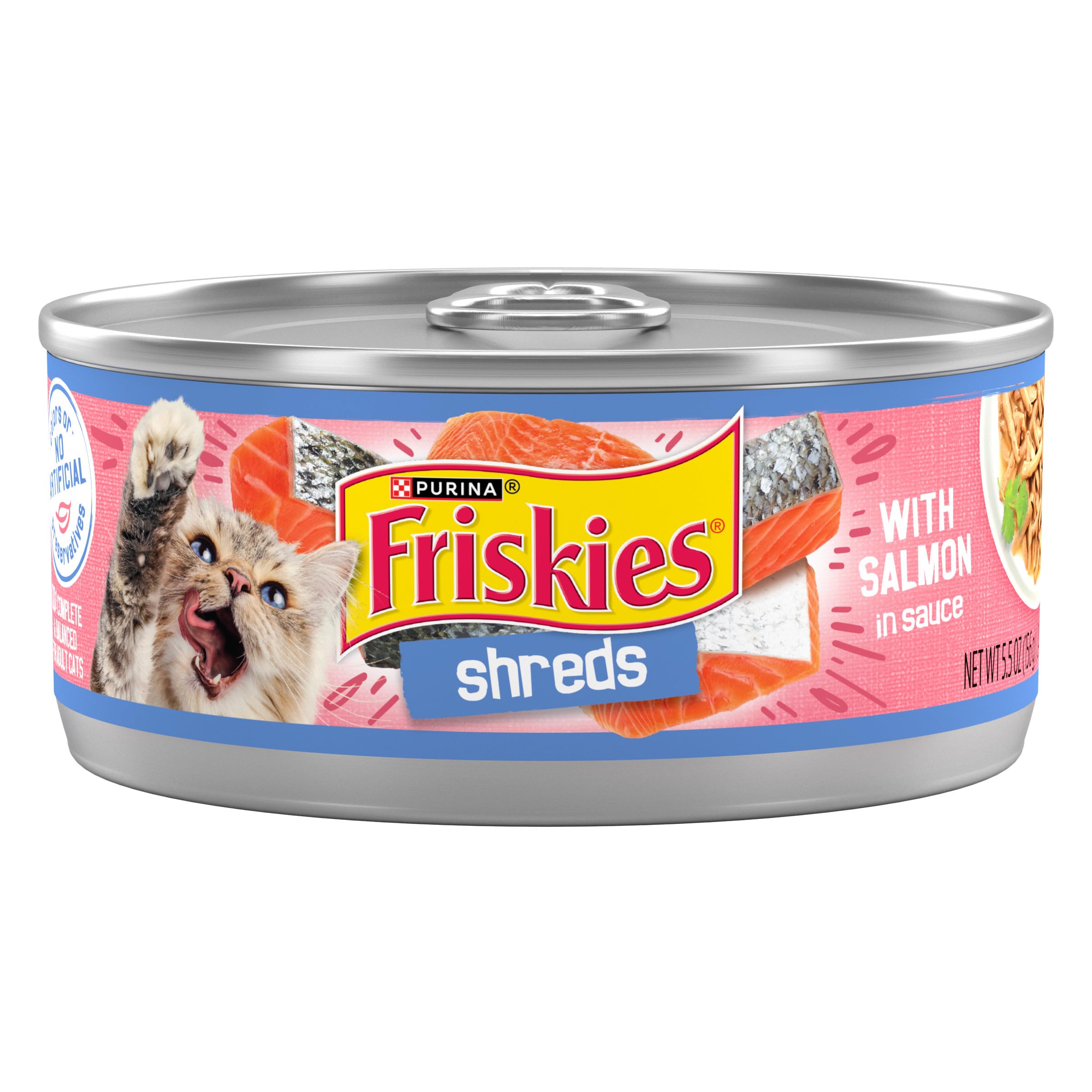 Friskies front packaging showing salmon shreds and benefits