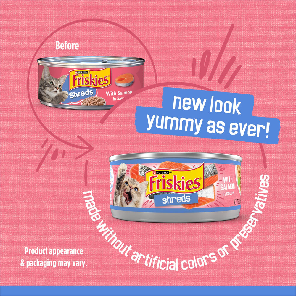 Friskies open can top view revealing shreds in sauce for palatability