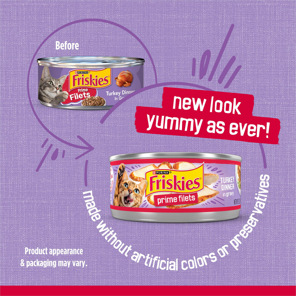 Friskies stacked cans of turkey dinner conveying bulk convenience
