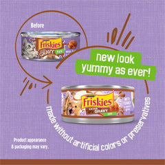 Friskies open can with visible gravy highlighting tasty, moisture-rich meal