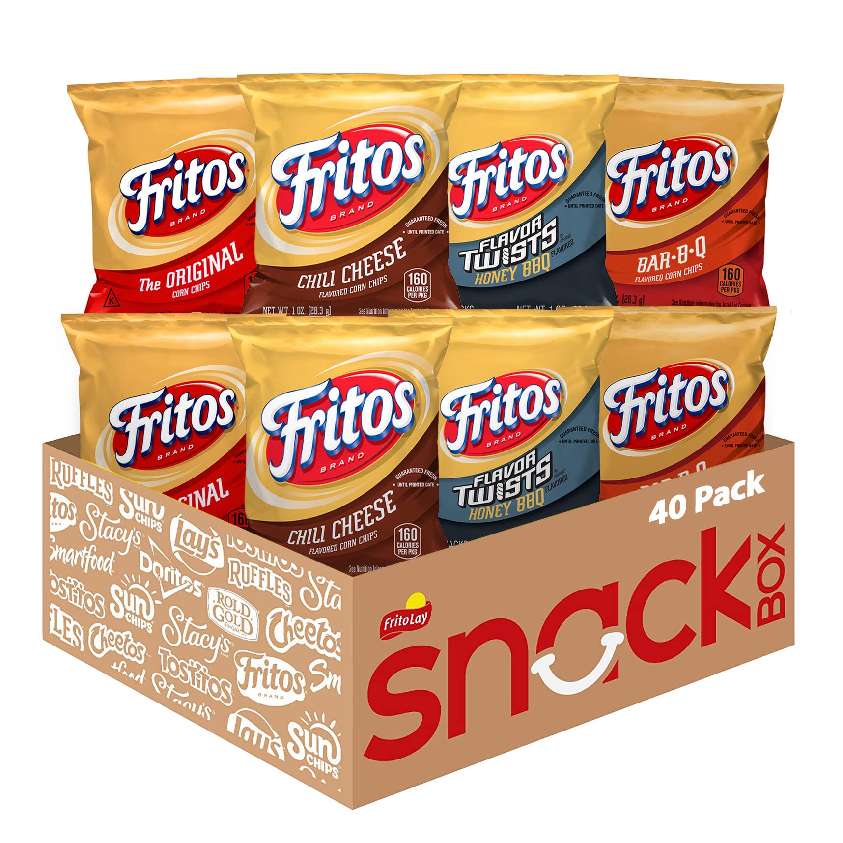 Fritos front packaging showing assorted 1 oz bags and convenience