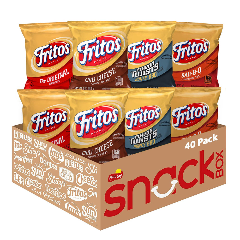 Fritos front packaging showing assorted 1 oz bags and convenience