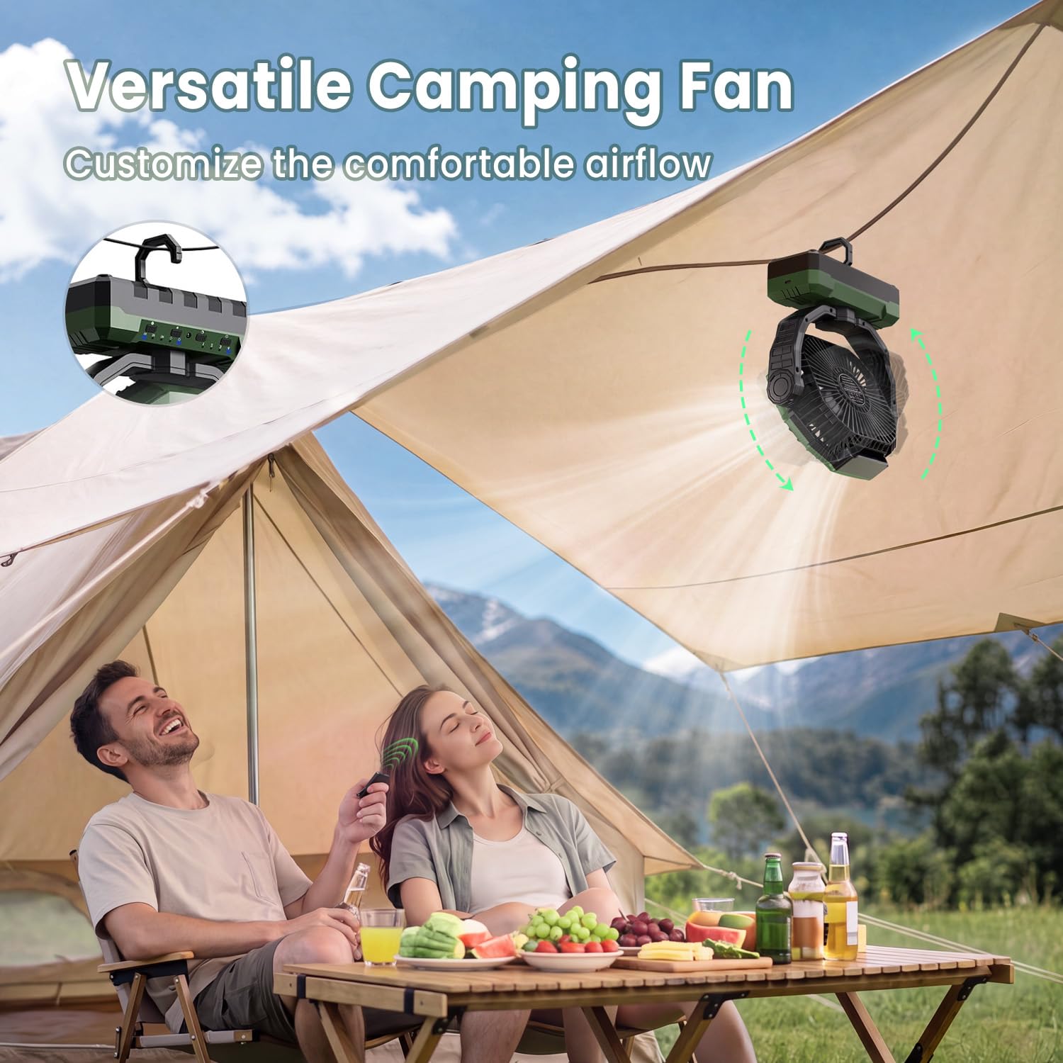 FRIZCOL fan suspended by hidden hook from tent ceiling showing hands-free airflow