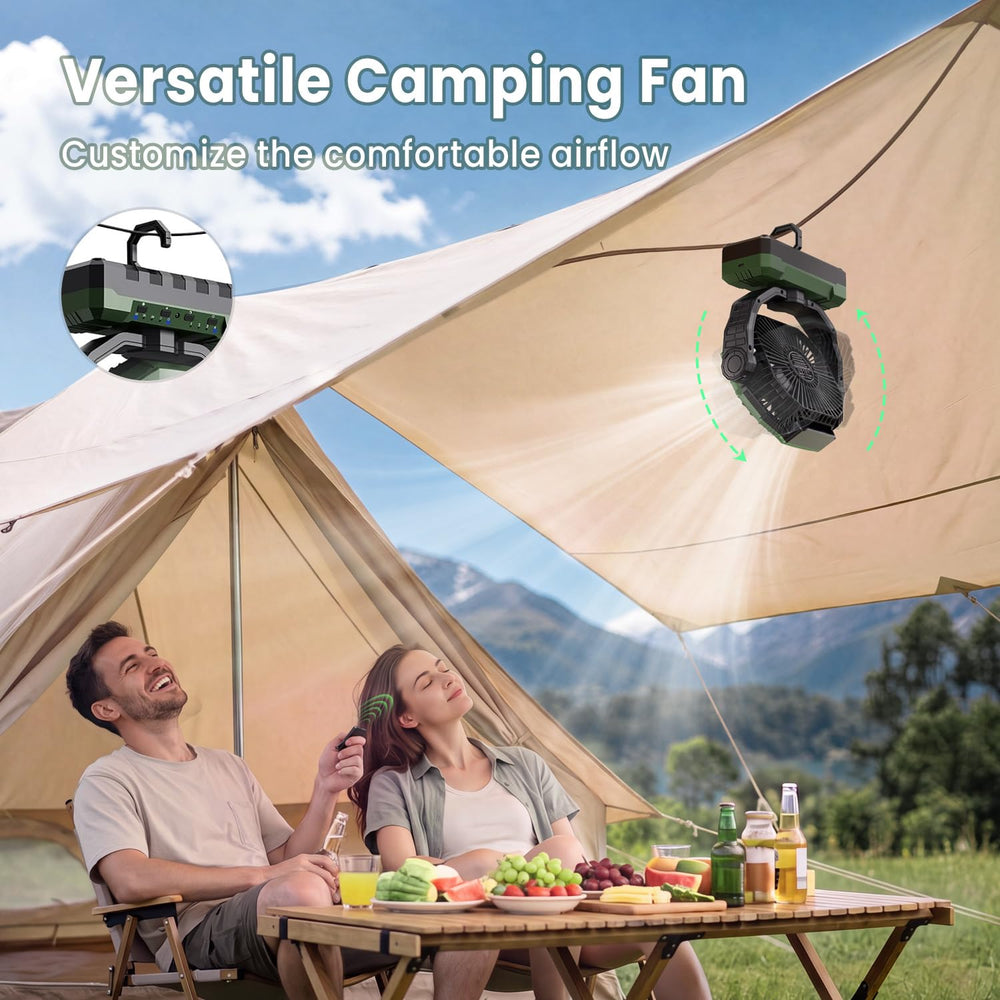 FRIZCOL fan suspended by hidden hook from tent ceiling showing hands-free airflow